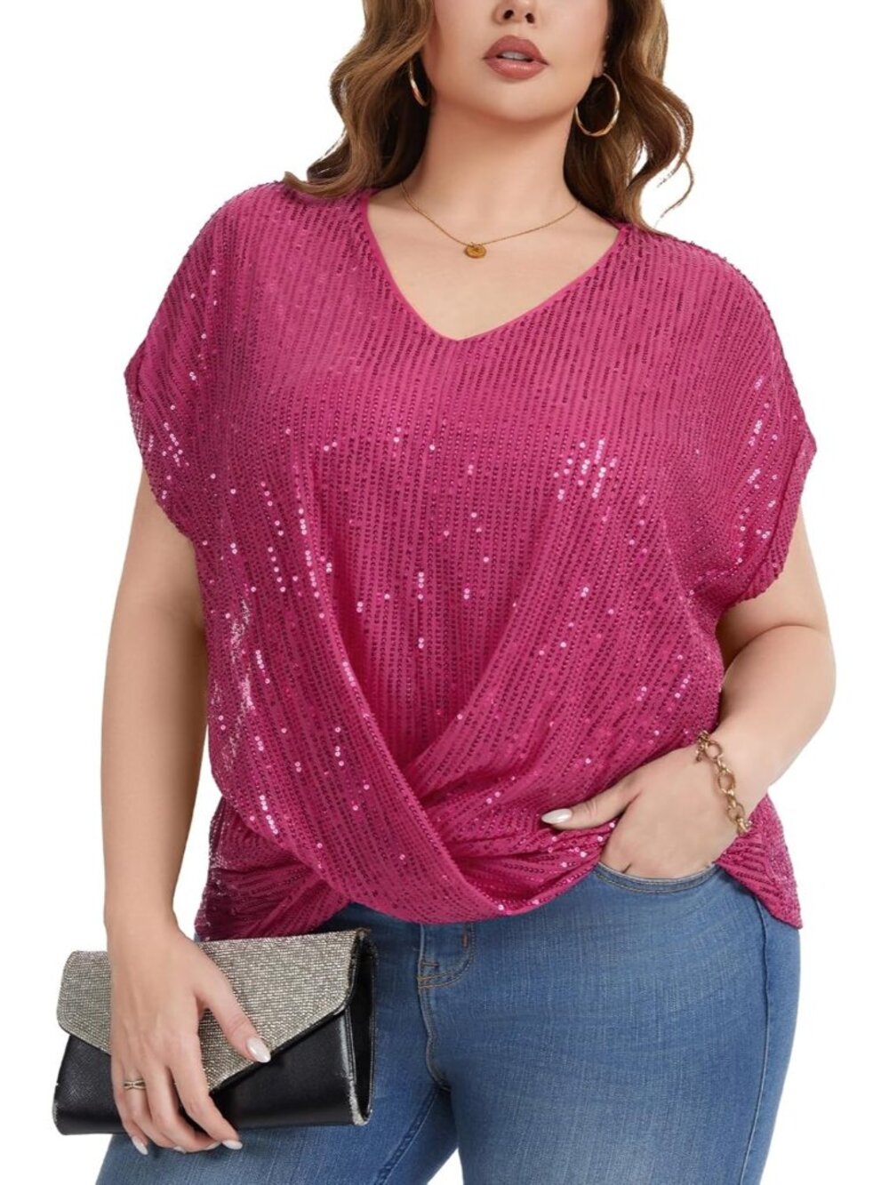 Women's Hot Pink Sequin Top Short Batwing Sleeve V Neck Shirts Elegant Blouses
